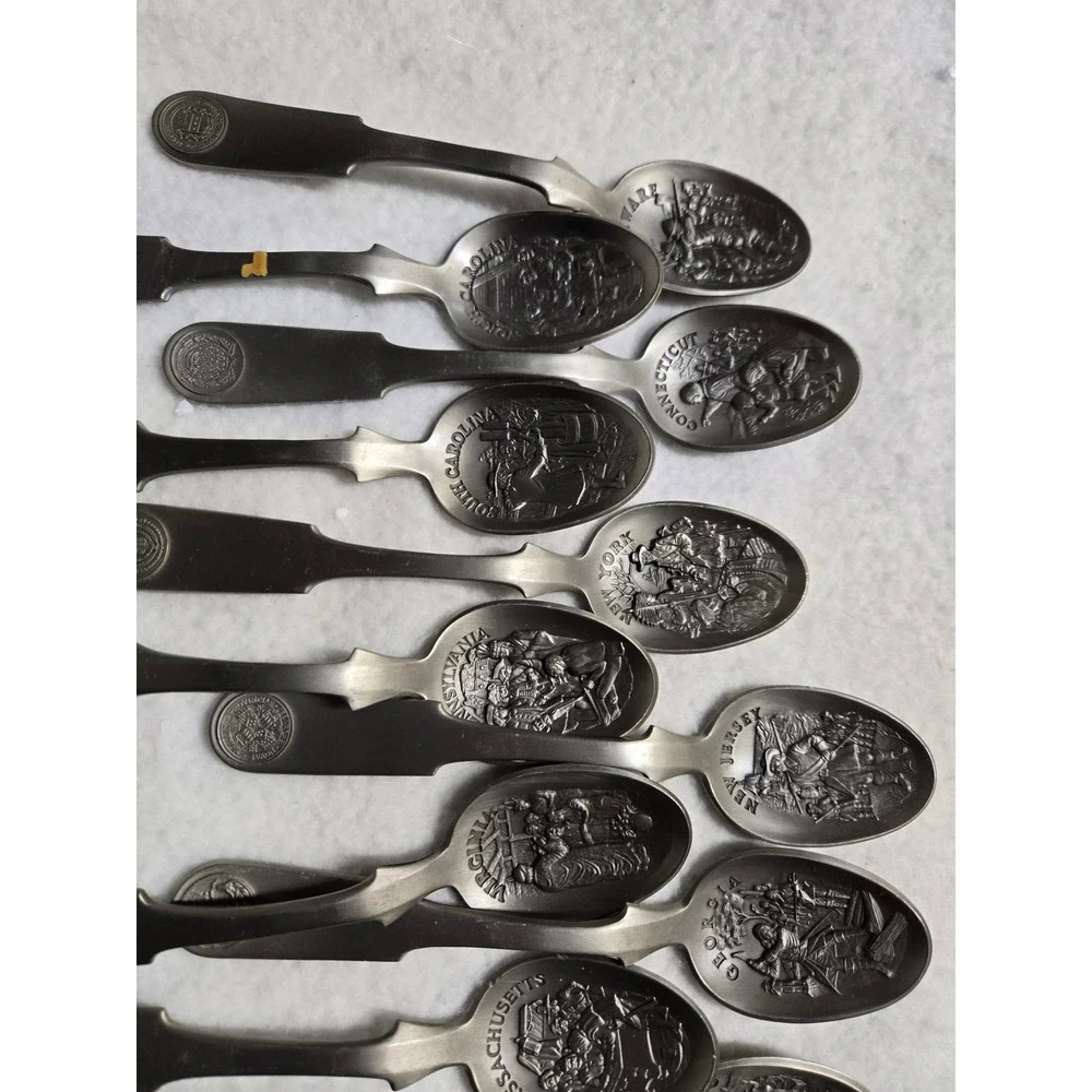 Vintage 1976 Franklin Mint 13 Colonies Pewter Souvenir Spoon Set Bicentennial